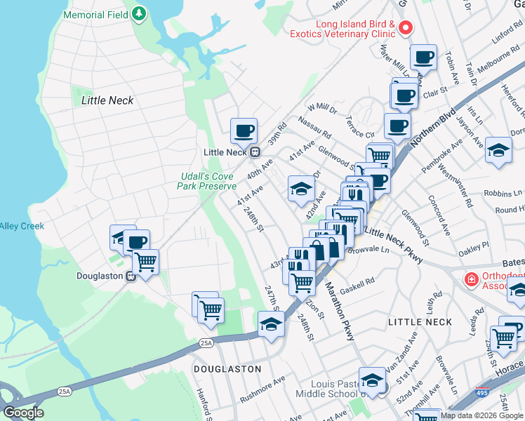 map of restaurants, bars, coffee shops, grocery stores, and more near 41-22 249th Street in Queens