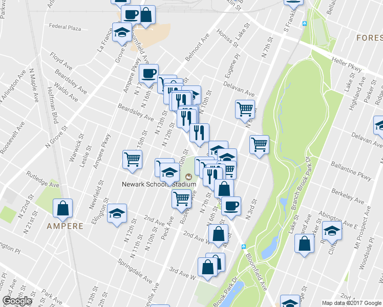 map of restaurants, bars, coffee shops, grocery stores, and more near 466 Bloomfield Avenue in Newark