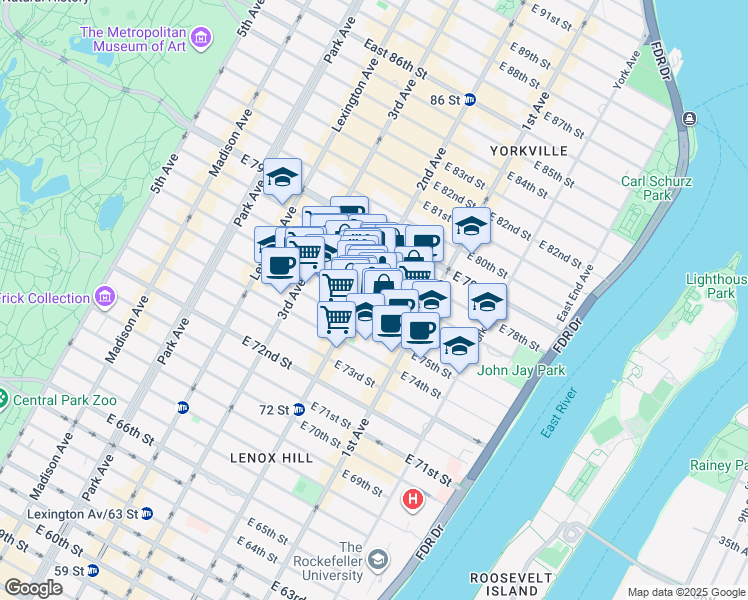 map of restaurants, bars, coffee shops, grocery stores, and more near 1460 2nd Avenue in New York