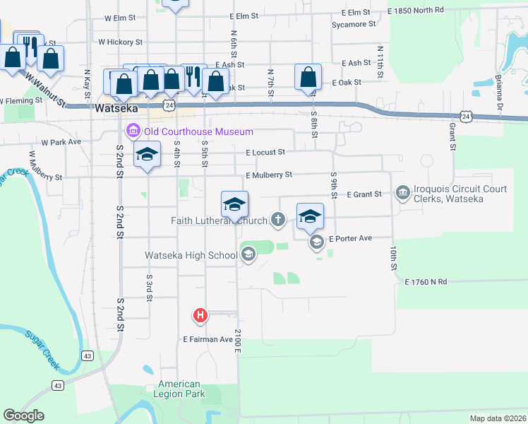 map of restaurants, bars, coffee shops, grocery stores, and more near 320 East Lincoln Avenue in Watseka