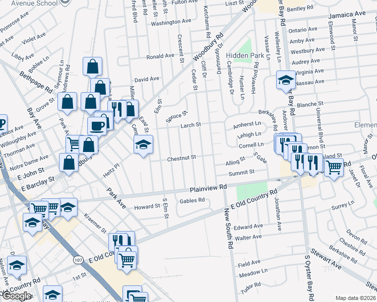 map of restaurants, bars, coffee shops, grocery stores, and more near 34 Pine Street in Hicksville