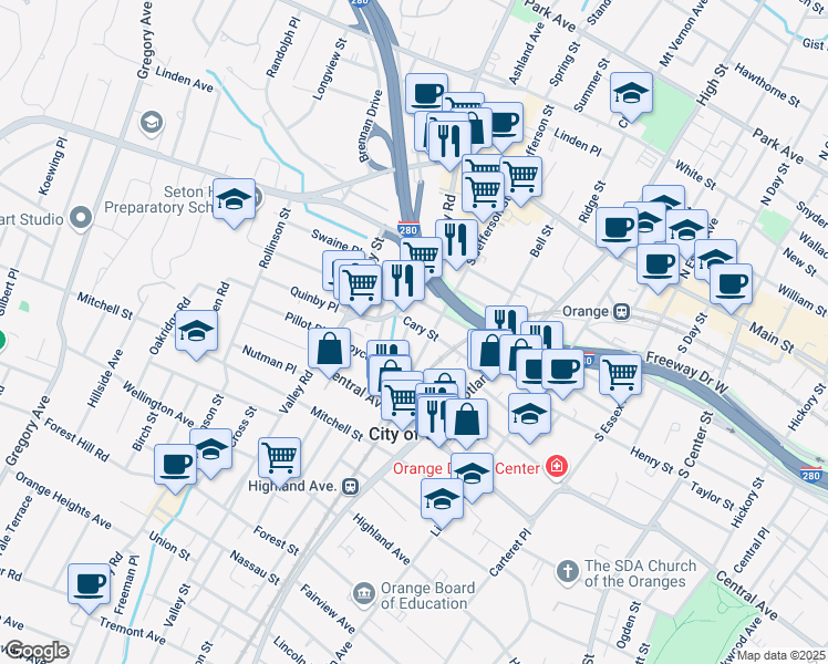 map of restaurants, bars, coffee shops, grocery stores, and more near 548 Cary Street in City of Orange