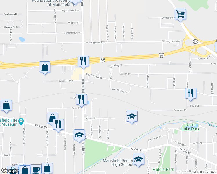 map of restaurants, bars, coffee shops, grocery stores, and more near 392 Woodridge Drive in Mansfield