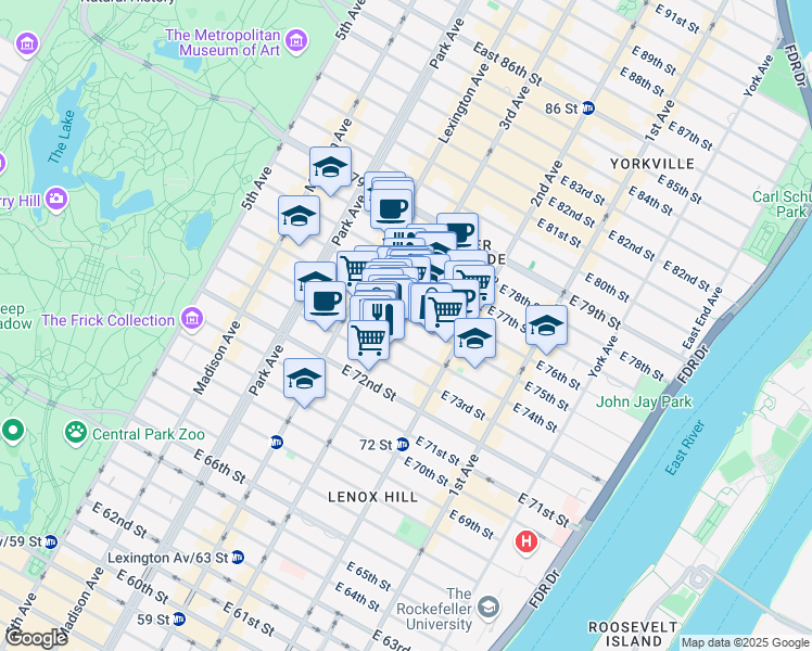 map of restaurants, bars, coffee shops, grocery stores, and more near 200 East 75th Street in New York