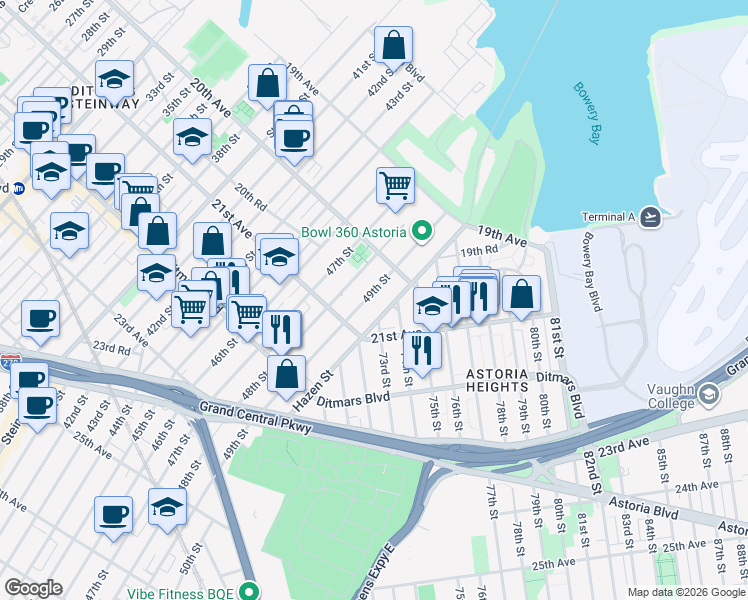 map of restaurants, bars, coffee shops, grocery stores, and more near 20-39 49th Street in Queens