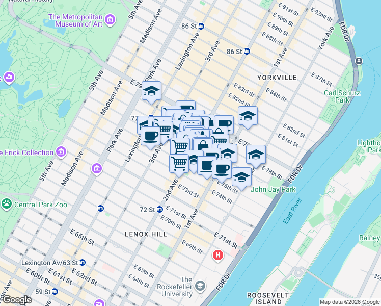 map of restaurants, bars, coffee shops, grocery stores, and more near 2nd Ave & E 76th St in New York