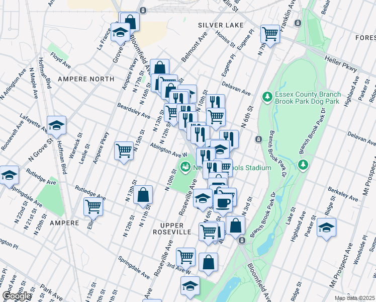 map of restaurants, bars, coffee shops, grocery stores, and more near 466 Bloomfield Avenue in Newark