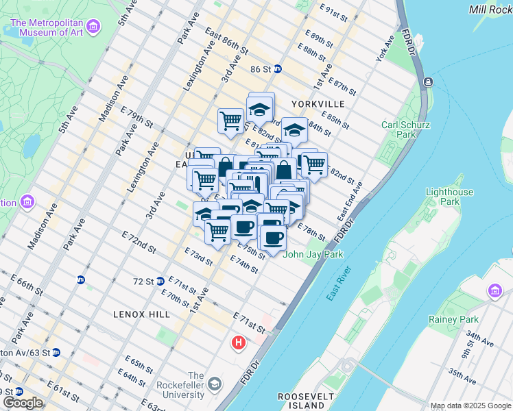 map of restaurants, bars, coffee shops, grocery stores, and more near 1492 1st Avenue in New York