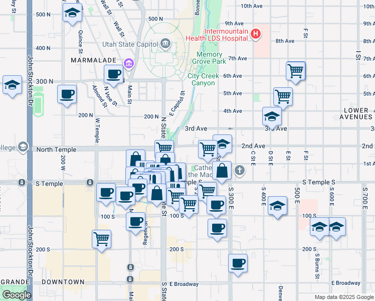 map of restaurants, bars, coffee shops, grocery stores, and more near 124 2nd Avenue in Salt Lake City