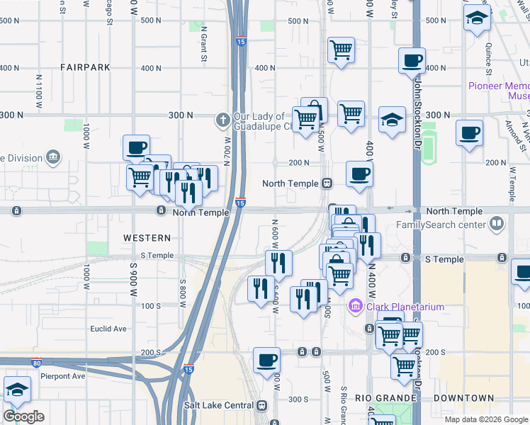 map of restaurants, bars, coffee shops, grocery stores, and more near in Salt Lake City