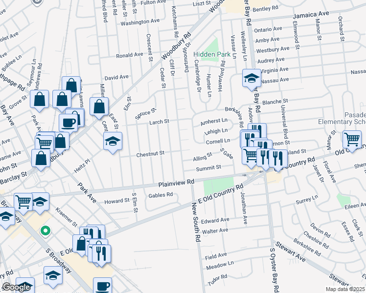 map of restaurants, bars, coffee shops, grocery stores, and more near 30 Cliff Drive in Hicksville