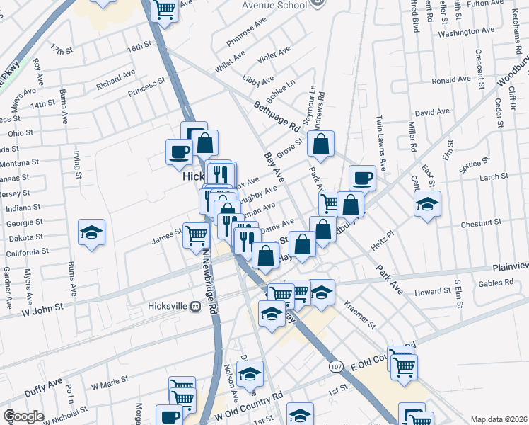 map of restaurants, bars, coffee shops, grocery stores, and more near 73 Thorman Avenue in Hicksville