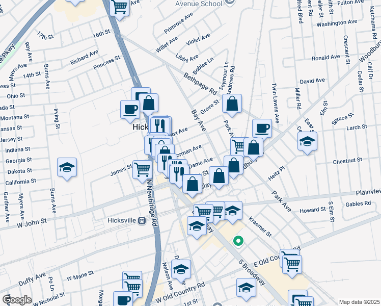 map of restaurants, bars, coffee shops, grocery stores, and more near 73 Thorman Avenue in Hicksville