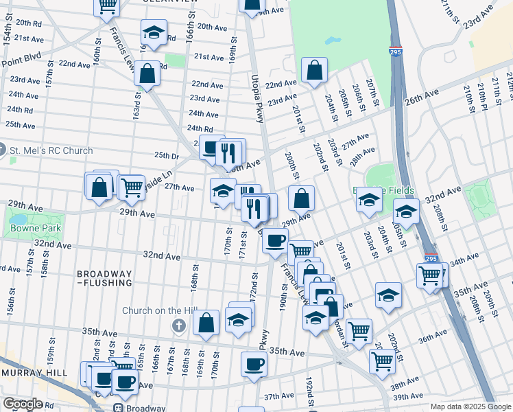 map of restaurants, bars, coffee shops, grocery stores, and more near 27-26 Francis Lewis Boulevard in Queens