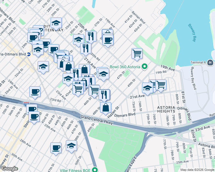 map of restaurants, bars, coffee shops, grocery stores, and more near 21-15 46th Street in Queens