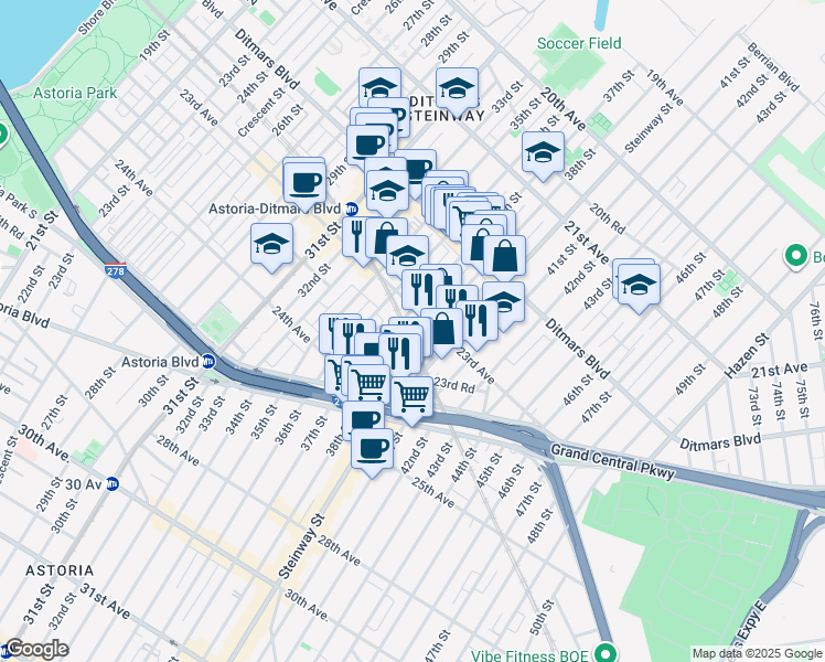 map of restaurants, bars, coffee shops, grocery stores, and more near 23-12 38th Street in Queens