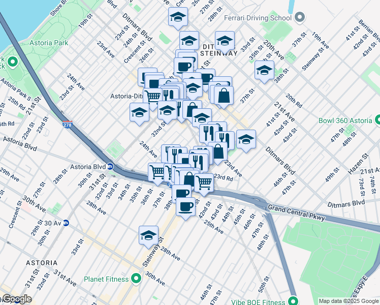 map of restaurants, bars, coffee shops, grocery stores, and more near 23-36 37th Street in Queens