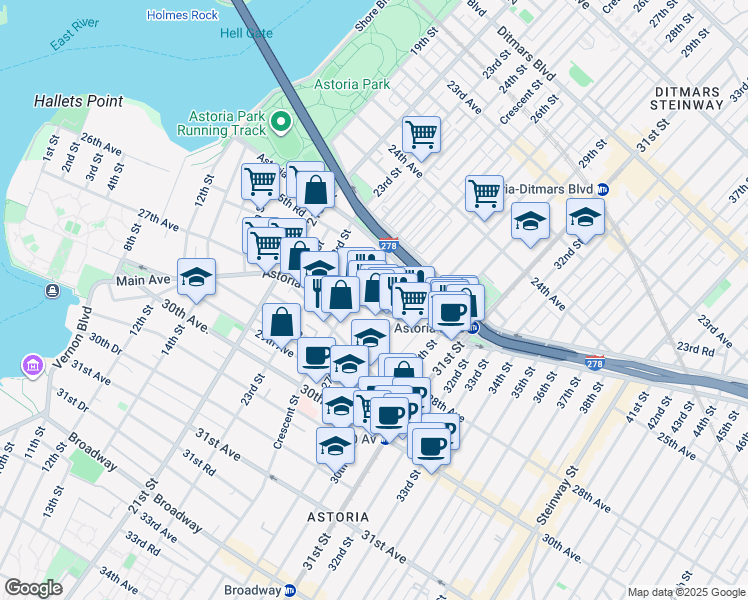 map of restaurants, bars, coffee shops, grocery stores, and more near 26-14 25th Road in Queens