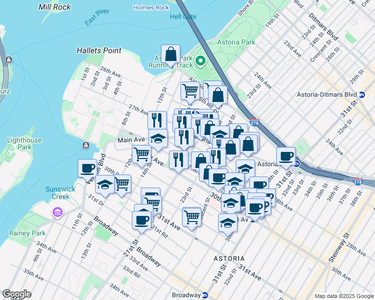 map of restaurants, bars, coffee shops, grocery stores, and more near 24-43 28th Street in Queens