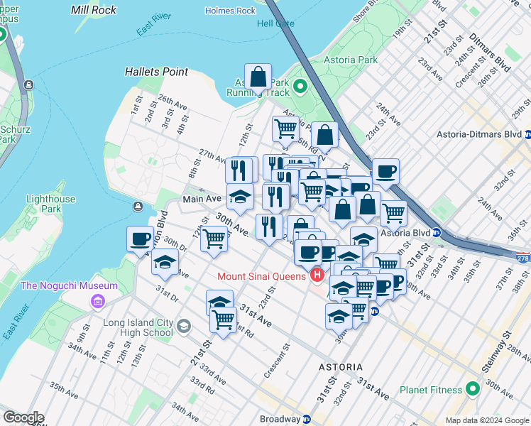 map of restaurants, bars, coffee shops, grocery stores, and more near 24-43 28th Street in Queens