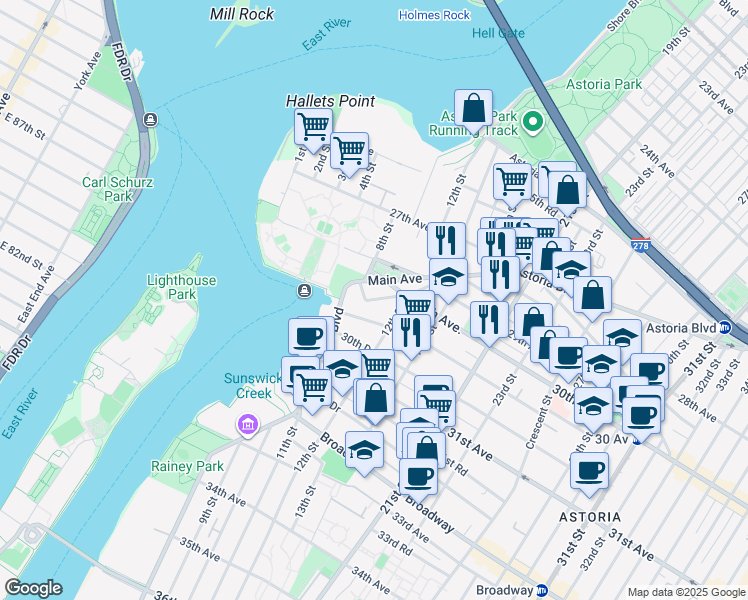 map of restaurants, bars, coffee shops, grocery stores, and more near 11-57 Welling Court in Queens