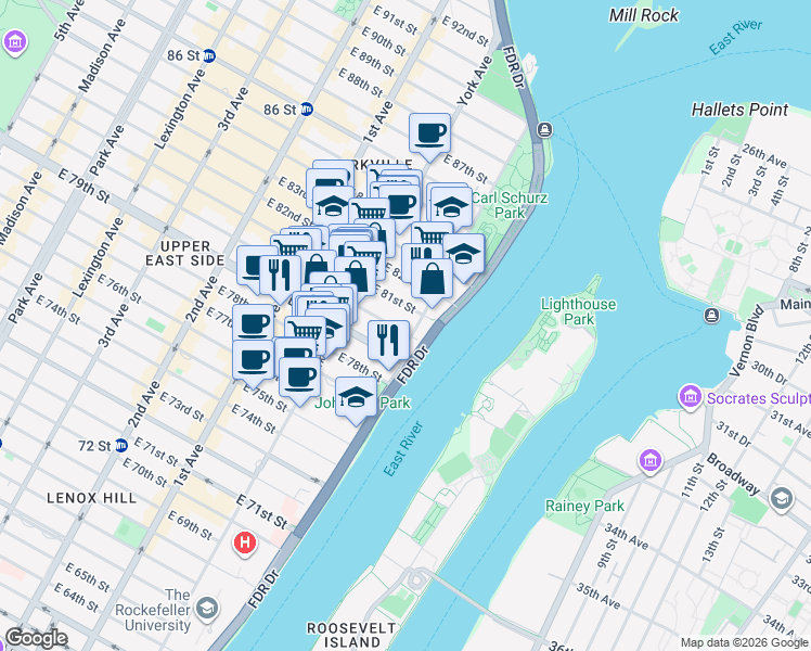 map of restaurants, bars, coffee shops, grocery stores, and more near 528 East 80th Street in New York