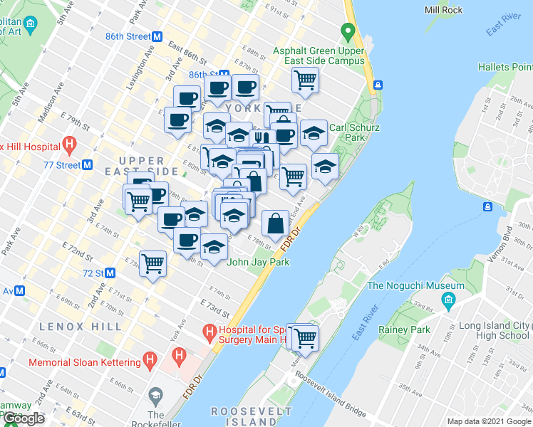 map of restaurants, bars, coffee shops, grocery stores, and more near 528 East 80th Street in New York