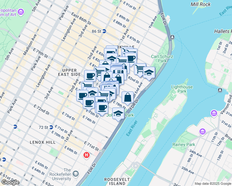 map of restaurants, bars, coffee shops, grocery stores, and more near 503 East 79th Street in New York