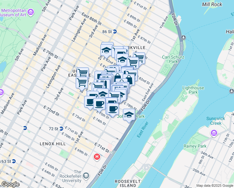 map of restaurants, bars, coffee shops, grocery stores, and more near 425 East 79th Street in New York