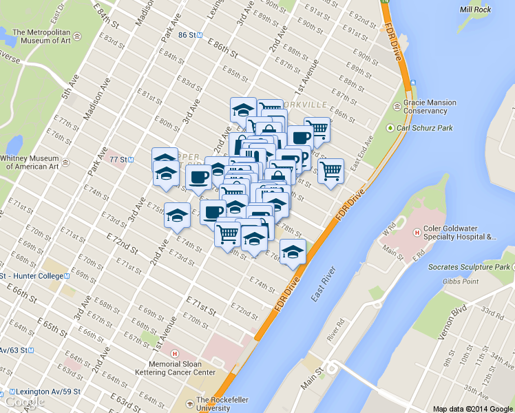 map of restaurants, bars, coffee shops, grocery stores, and more near 425 East 79th Street in New York