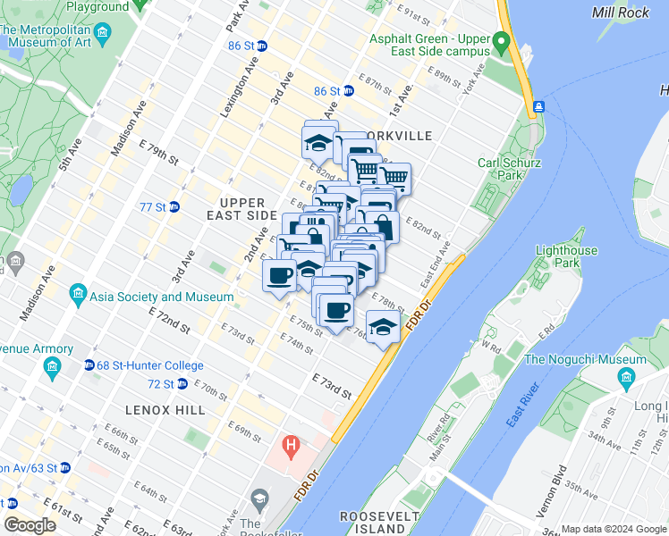map of restaurants, bars, coffee shops, grocery stores, and more near 425 East 79th Street in New York