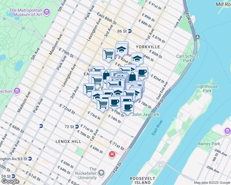 map of restaurants, bars, coffee shops, grocery stores, and more near 1483 1st Avenue in New York