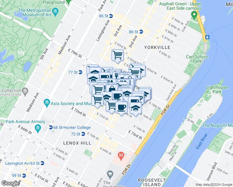 map of restaurants, bars, coffee shops, grocery stores, and more near 345 East 77th Street in New York