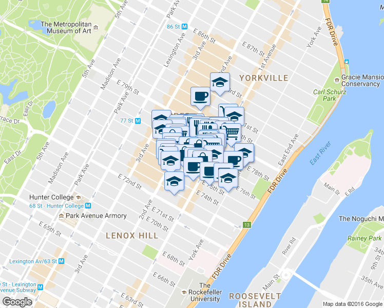 map of restaurants, bars, coffee shops, grocery stores, and more near 345 East 77th Street in New York