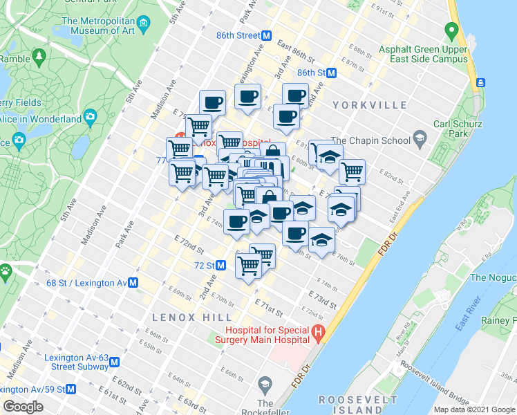 map of restaurants, bars, coffee shops, grocery stores, and more near 1460 2nd Avenue in New York