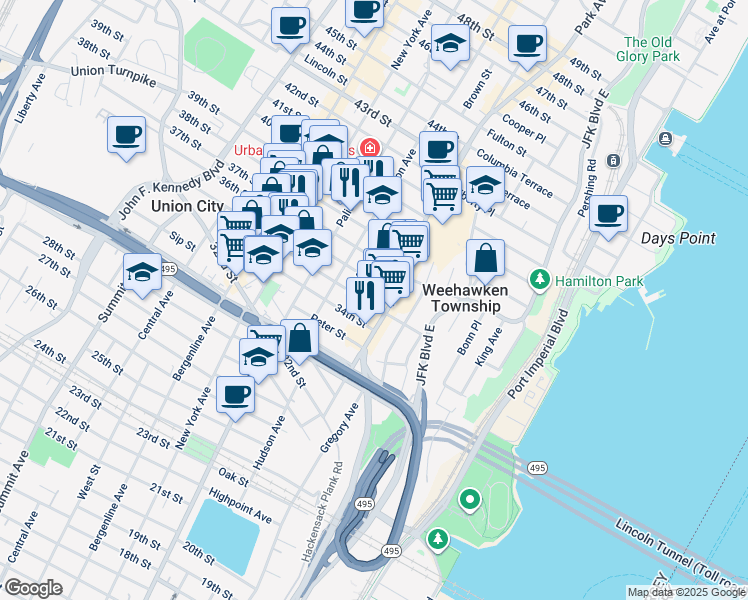 map of restaurants, bars, coffee shops, grocery stores, and more near 118 35th Street in Union City
