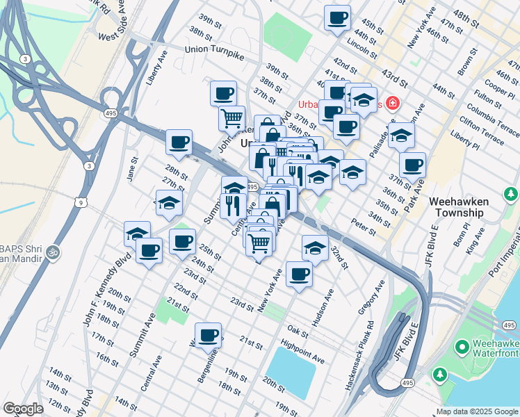 map of restaurants, bars, coffee shops, grocery stores, and more near 527 30th Street in Union City