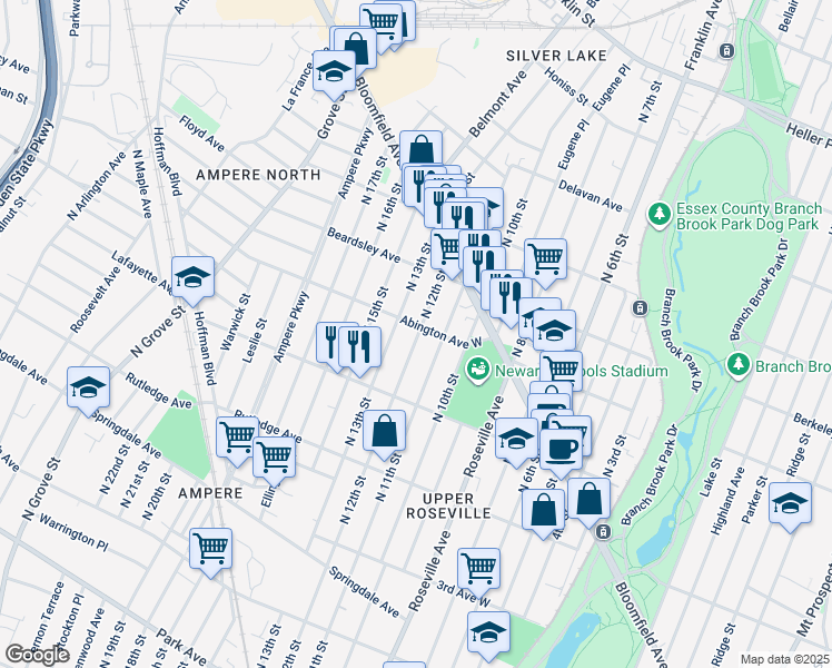map of restaurants, bars, coffee shops, grocery stores, and more near 432 North 12th Street in Newark