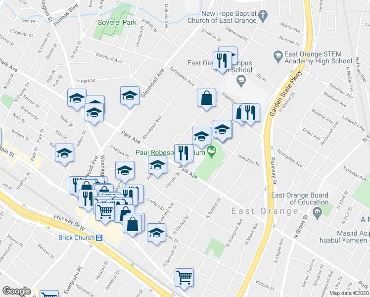 map of restaurants, bars, coffee shops, grocery stores, and more near 180 Prospect Street in East Orange