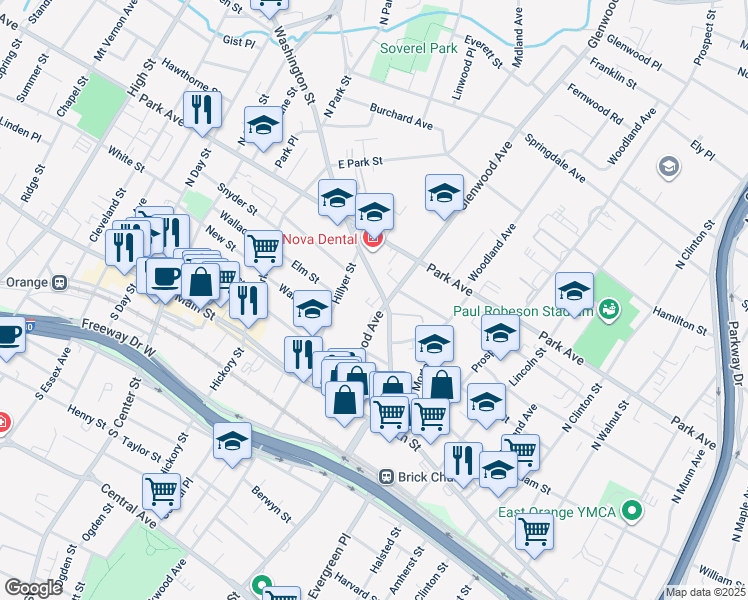 map of restaurants, bars, coffee shops, grocery stores, and more near 65 Washington Street in East Orange