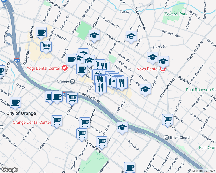 map of restaurants, bars, coffee shops, grocery stores, and more near 229 Main Street in City of Orange