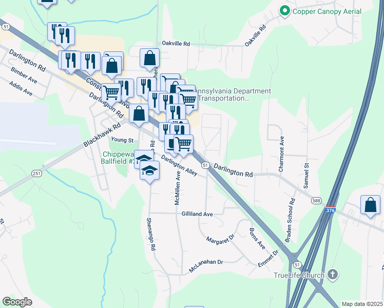 map of restaurants, bars, coffee shops, grocery stores, and more near in Beaver County