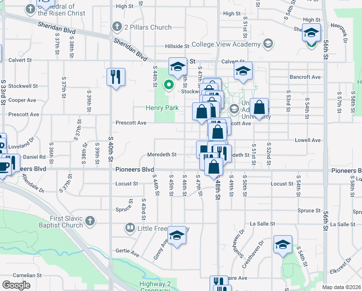 map of restaurants, bars, coffee shops, grocery stores, and more near 4119 South 46th Street in Lincoln