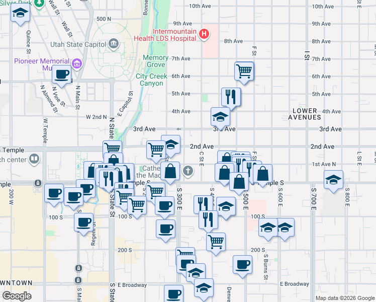 map of restaurants, bars, coffee shops, grocery stores, and more near 1840 South 1300 East in Salt Lake City