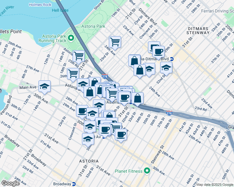 map of restaurants, bars, coffee shops, grocery stores, and more near 27-24 Hoyt Avenue South in Queens