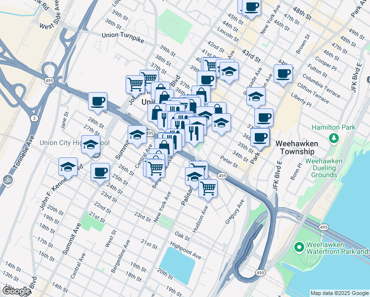 map of restaurants, bars, coffee shops, grocery stores, and more near 3100 Bergenline Avenue in Union City