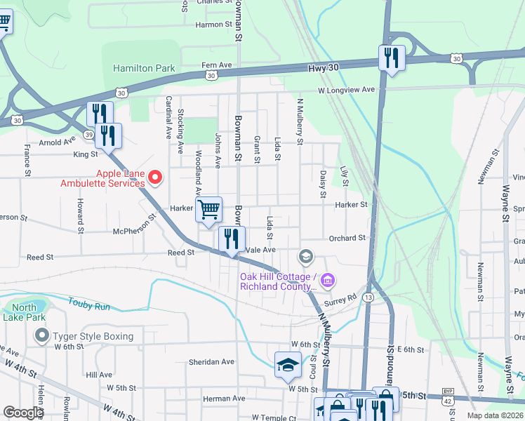 map of restaurants, bars, coffee shops, grocery stores, and more near 185 Harker Street in Mansfield