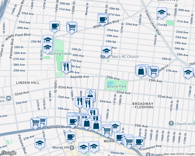 map of restaurants, bars, coffee shops, grocery stores, and more near 153-16 Bayside Avenue in Queens