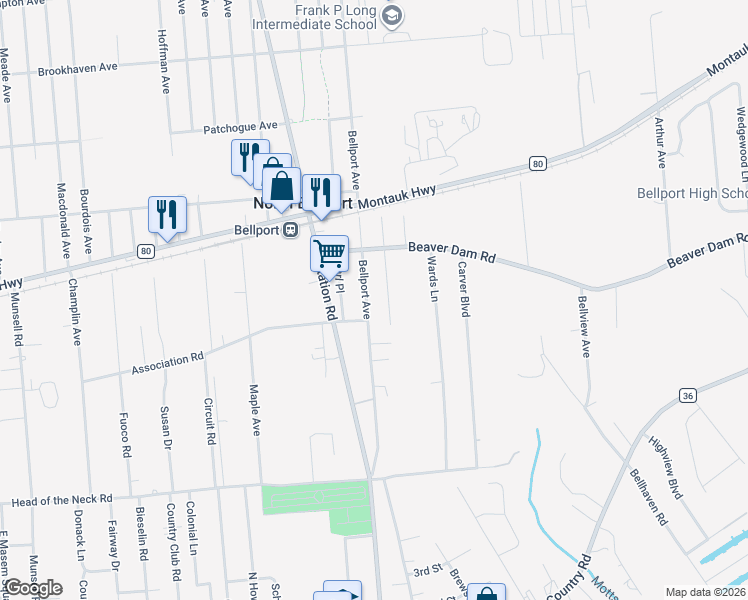 map of restaurants, bars, coffee shops, grocery stores, and more near 151 Bellport Avenue in Bellport