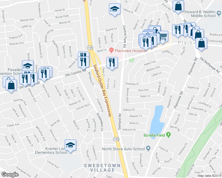 map of restaurants, bars, coffee shops, grocery stores, and more near 45 Margaret Drive in Plainview